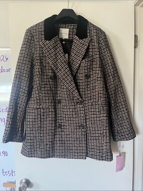 Avec Les Filles Black & Cream Houndstooth Double-Breasted Pea Coat
